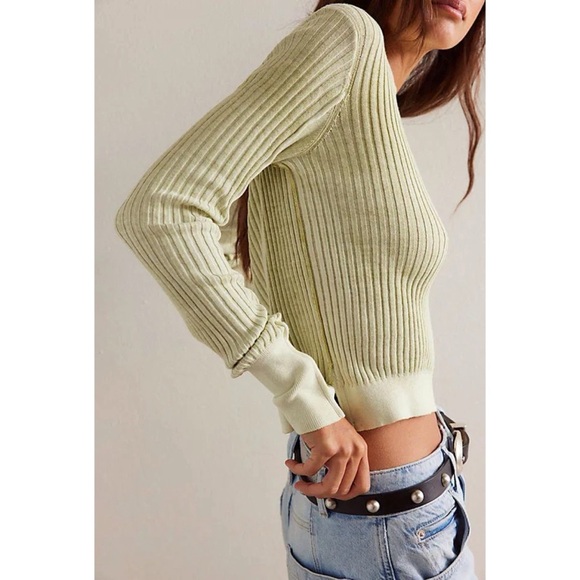 NWT Free People We The Free Between The Lines Ribbed Long Sleeve Sweater Green - Picture 6 of 8